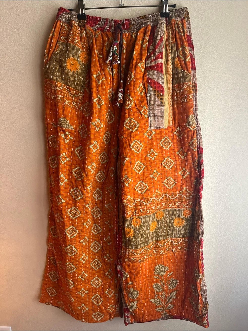 Reversible Kantha Bohemian Orange Patchwork Wide-Leg Pants